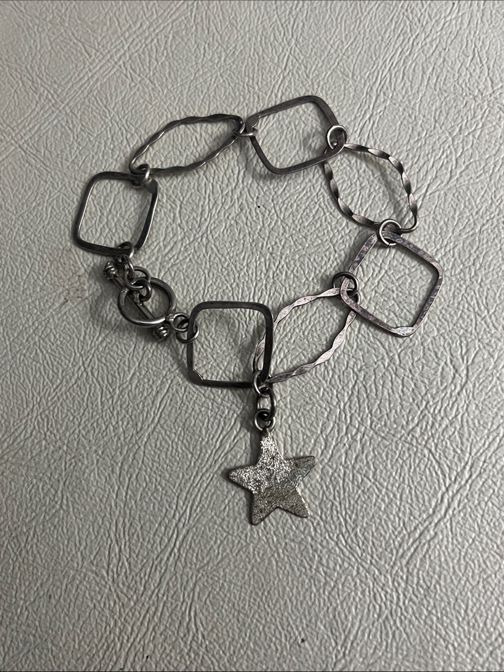 Textured 925 Silver Star & Geometric Link Bracelet